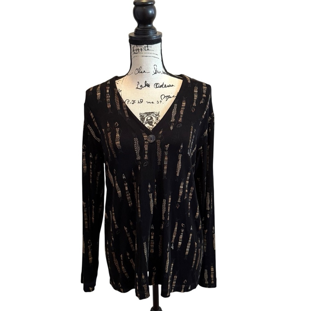 Chicos Travelers Womens Folk Art Slinky Cardigan Black Size Large Tribal African